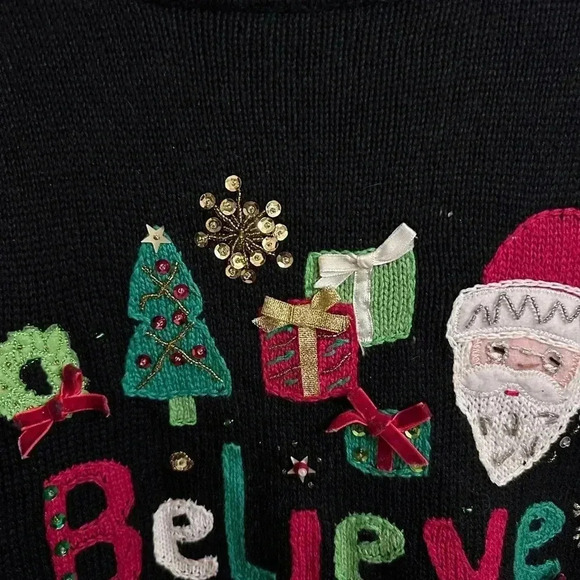 Black Long Sleeve Christmas Santa Believe Sweater Size XL - Picture 8 of 10